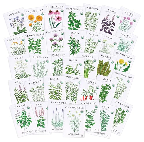 Sereniseed Certified Organic Herb Seeds 35-Pack | Non-GMO Heirloom Variety for Indoor Outdoor Culinary Gardening Gift Kit - size: 35-Pack