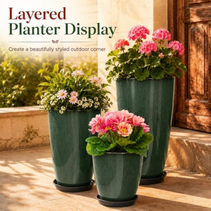 Neoaider Set of 3 Tall Planter, 24/21/12in Large Plastic Planter, DarkGreen - color: Dark Green