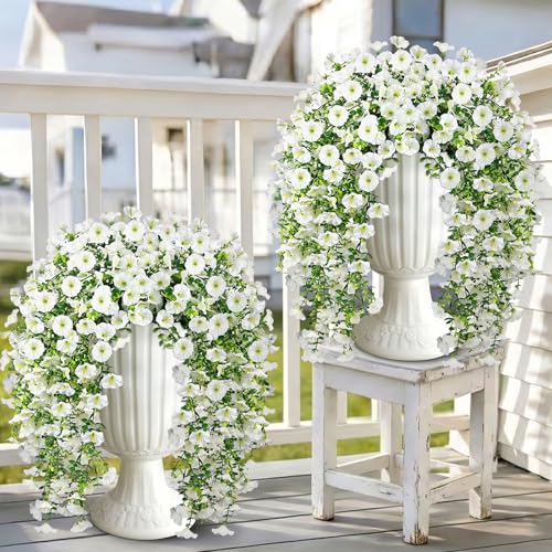 Artificial Hanging Flowers for Outdoors, 4 PCS 600 Blooms UV Resistant Morning Glory Faux Silk Vines, No-Odor Realistic Fake Plants for Garden Planter Porch Patio Decoration, White - color: White