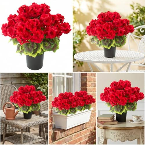lovemoon 2 Pcs Geranium Potted Artificial Flowers, Red, 19" - color: Red