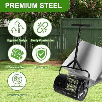 MAKEATREE 16 Inch Compost Spreader and Peat Moss Spreader, 16" Lawn and Garden Roller with Adjustable Handle, Steel Mesh Basket for Spreading Manure, Top Soil, Black - size: 16 Inches