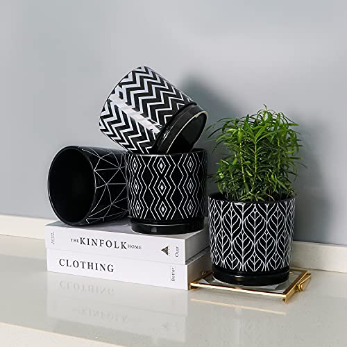 Flower Pots,5.5 Inch Black Ceramic Planters with Drainage Hole Set of 4 - color: Black