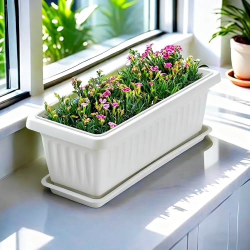 19 Inch Rectangular Plastic Planters, Set of 2, White Window Flower Boxes - color: White