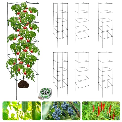 6 Packs Tomato Cages for Garden, 12"×12"×48" Plant Support Cage with Different Spacing, Green Metal Trellis for Climbing Plants Like Cucumber, Flowers - size: 12"×12"×48“ 6 Packs
