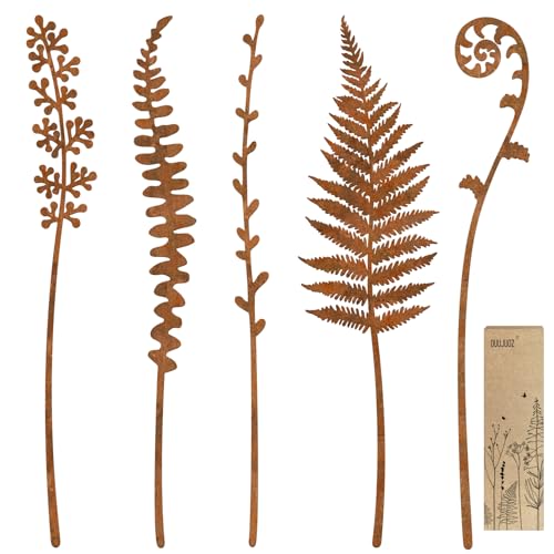 Metal Flowers for Outside,Garden Stakes Decorative,Flower Bed Decor Plant Stakes,Garden Statues Outdoor Clearance,Metal Yard Art Outdoor,Plant Decorations for Pots - color: 5 X Fern