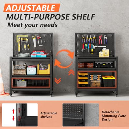 Metal Workbench, Mobile Work Table, Pegboard, 1 Pack - size: 47.2"H x 33.5"W x 18"D