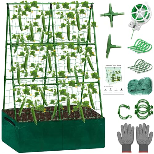 Tidponra Cucumber Trellis for Garden, 34 X 47 Inches A Frame Gardening Trellis with Fabric Raised Garden Bed, Climbing Net and Plant Support Clips for Climbing Plants - size: 34 X 47 Inches