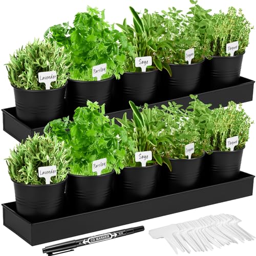 FoldTier 2 Sets Indoor Herb Garden Planter Kit with 10 Metal Pots, Black - color: Black