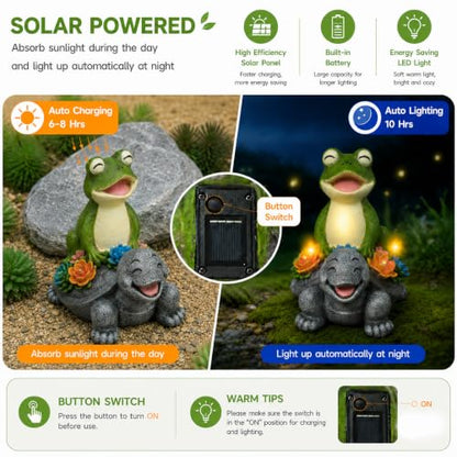 Solar Frog and Turtle Garden Statue with LED Succulent Lights - color: Green Frog Gray Turtle Statue