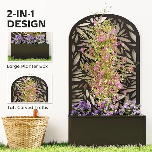 Outsunny Metal Raised Garden Bed with Trellis, Leaves Cut-Out - style: Leaves Cut-Out