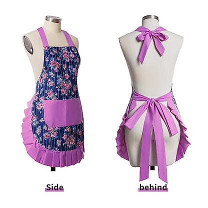 Retro Floral Apron for Women With Pockets for Cooking & Gifting - color: Purple