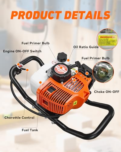 NEO-TEC 63CC Post Hole Digger Gas Powered Auger with 6"10" Bits & 3 Ext Bar - size: 63CC+6"+10"+3 Extension