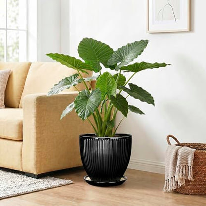 10 Inch Planter, Ceramic Plant Pots with Saucer, Black - color: Black, size: 10 Inch