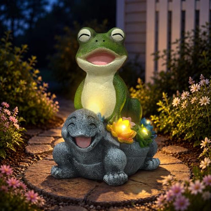 Solar Frog and Turtle Garden Statue with LED Succulent Lights - color: Green Frog Gray Turtle Statue