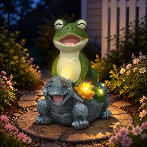 Solar Frog and Turtle Garden Statue with LED Succulent Lights - color: Green Frog Gray Turtle Statue