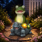 Solar Frog and Turtle Garden Statue with LED Succulent Lights - color: Green Frog Gray Turtle Statue
