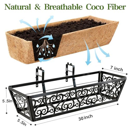 2 Pack 30 Inch Deck Railing Planter Box - Window Boxes Planters with Adjustable Brackets Coco Liners Balcony Planters Railing Hanging for Window Flower Boxes Outdoor Garden Decor - size: 30 Inch