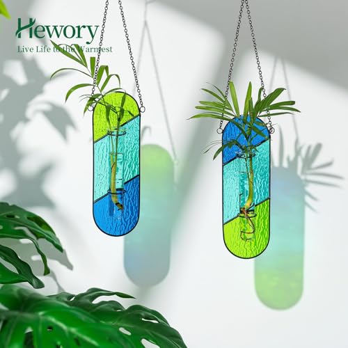 Hewory Stained Glass Window Hanging: 2PCS Propagation Stations Blue & Green - color: Blue-green