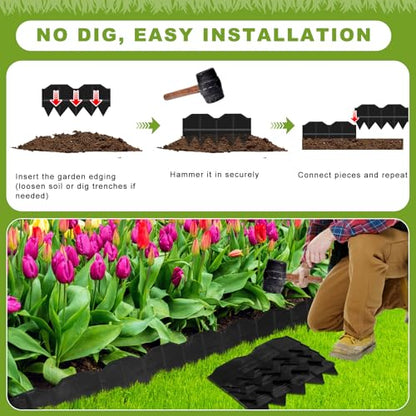 Landscape Edging, No Dig Interlocking Garden Edging Border for Landscaping, Flexible Flower Bed Lawn Edging for Outdoor Pathway, Easy DIY No Stakes, Pound-in, 6'' Tall (Black, 40 FT / 40 Pcs) - size: 40 FT / 40 Pcs
