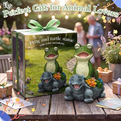 Solar Frog and Turtle Garden Statue with LED Succulent Lights - color: Green Frog Gray Turtle Statue