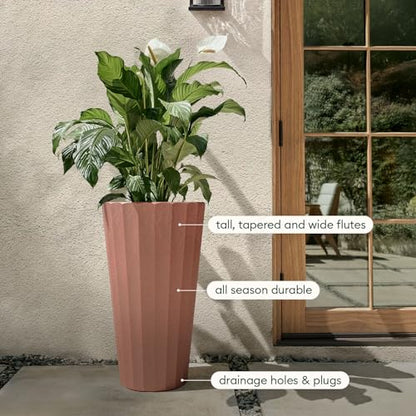 Veradek Column Series Tall Planter - Tapered Outdoor Planter with Shelf - color: Terracotta, style: Wide Groove - 2 Pack