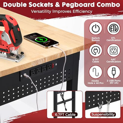 96" Adjustable Workbench with Rubberwood Top & Power Outlet, Large 96x24Inch 9-Level Height Range 27"-37", 5000 LBS Heavy Duty Capacity for Workshop, Office, Garage, Home - size: 96*24 Inch