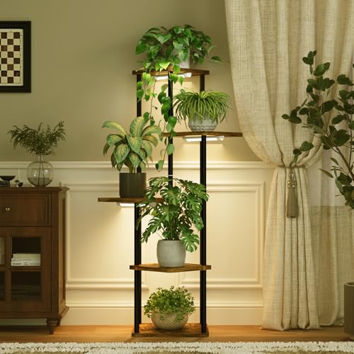 Bamworld Tall Plant Stand Indoor with Grow Light Corner Plant Shelf - color: Brown Oak plus, size: 5 Tier