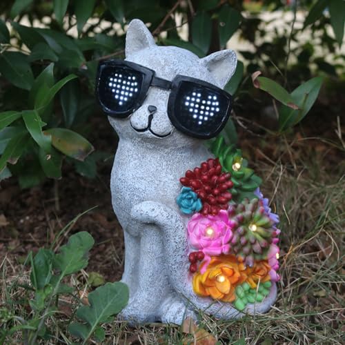 Solar Cat Garden Decor Statues with Succulent LED Lights and Sunglasses - style: French