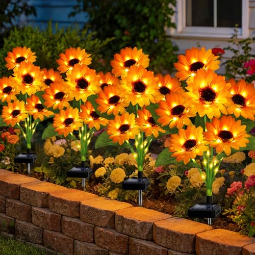 Solar Sunflower Lights Outdoor Garden Decor, 4 Pack Solar Flowers Lights with 24 Sunflowers, Waterproof Fall Decor Stake Decorative Light Auto ON/Off for Garden Yard Patio, Gift for Women - color: Warm White, size: 6 in 1 Sunflower-4 Pack