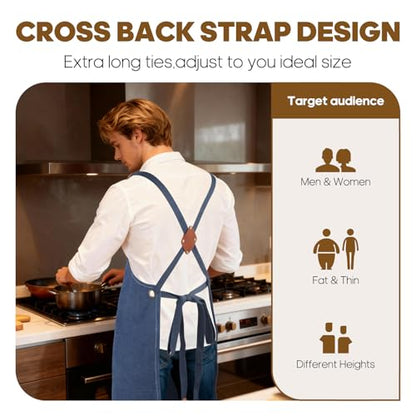 Aprons For Women Men With Large Pockets, Waterproof Cotton Chef Aprons For Cooking Server Grilling Bbq Kitchen - color: Dark Blue