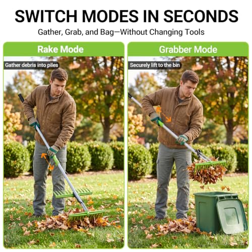 2 in 1 Leaf Rake Grabber, Lightweight Long Handle Adjustable Lawn Tool