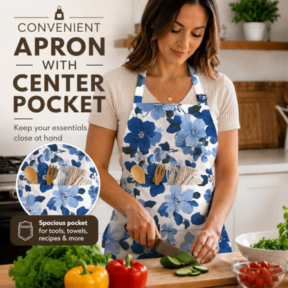 Kosseco Cute Aprons for Women with 1 pocket, Cooking Kitchen Baking Gardening Adjustable Waterproof Aprons for Women - color: Blue Flowers