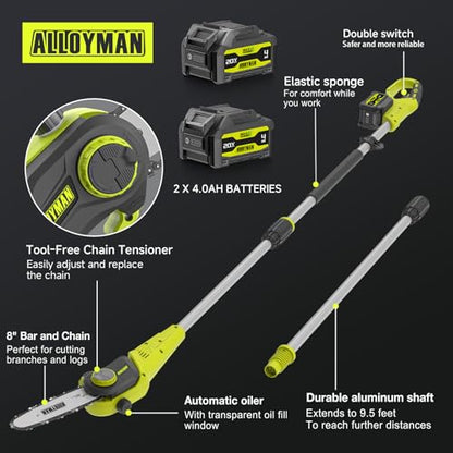 Alloyman Cordless Pole Saw 20V, 8" Chainsaw, Reach Up to 15 FT, 2 Batteries