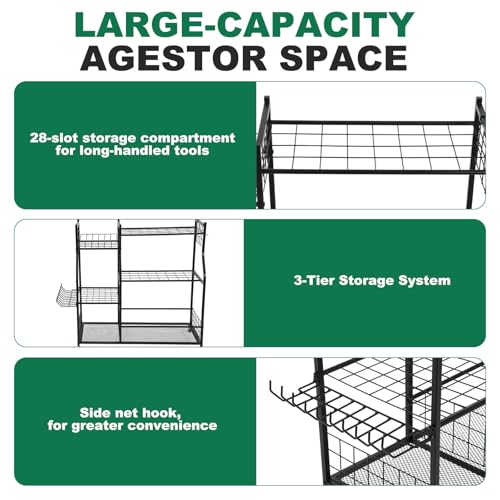 Garden Tool Organizer with Wheels for Garage Shed Yard Outdoor Storage Rack