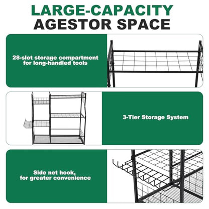 Garden Tool Organizer with Wheels for Garage Shed Yard Outdoor Storage Rack