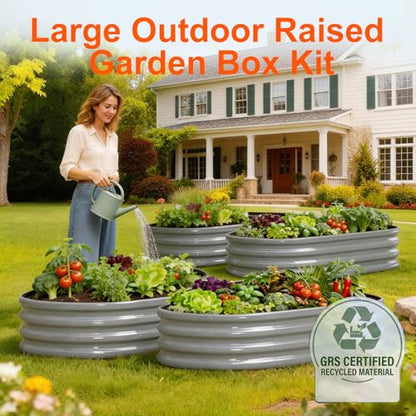 Rakukiri Raised Garden Bed Outdoor, GRS Certified Recycled Metal Planter Box 2 Sets, 4FT Galvanized Oval Herb Garden Kit, Bottomless Large Garden Beds for Vegetables Flowers, Rust-Resistant Gray - color: Gray