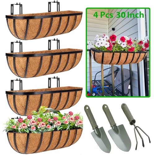 HKZ Deck Balcony Railing Planter Window Boxes - 4 Pack 30 Inch Planter Box, Balcony Planters Railing Hanging, Window Boxes Outdoor Fence Planters - size: 30 Inch