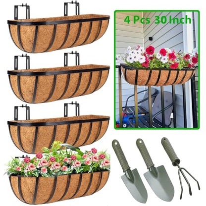 HKZ Deck Balcony Railing Planter Window Boxes - 4 Pack 30 Inch Planter Box, Balcony Planters Railing Hanging, Window Boxes Outdoor Fence Planters - size: 30 Inch