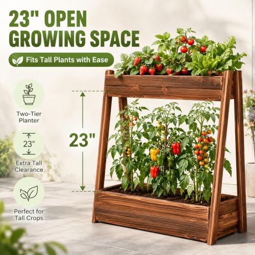 36" 2-Tier Freestanding Elevated Wooden Raised Garden Bed - color: 36" H Garden Bed-carbonized Wood Color