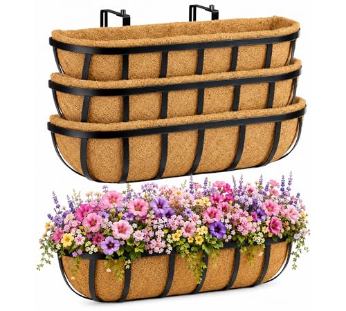 Y&M 4pcs 24 Inch Window Deck with Coco Liner, 24" Window Boxes Horse Trough with Coconut Coir Liner, Black Metal Hanging Flower Planter Window Basket Deck Railing Planter Boxes for Outdoor Indoor - size: 4p 24in