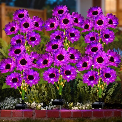 Solar Sunflower Lights Outdoor Garden Decor, 6 Pack Solar Purple Flowers Lights with 36 Sunflowers, Waterproof Fall Decor Stake Decorative Light Auto ON/Off for Garden Yard Patio, Gift for Women - color: Purple, size: 6 in 1 Sunflower-6 Pack