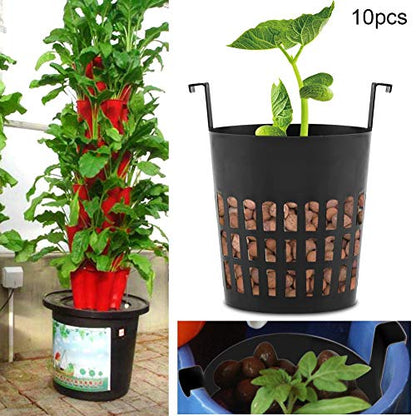 Ymiko 10 Pack Garden Slotted Mesh Cups Net Pot, Plastic Planting Basket with Hook for Hydroponics, Aeroponics, Orchids (Black)