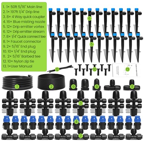Bonviee Drip Irrigation System Kit for Garden Watering, 247FT Quick Connect - size: 247 FT - 50 FT 5/16" Tubing + 197 FT 1/4" Tubing