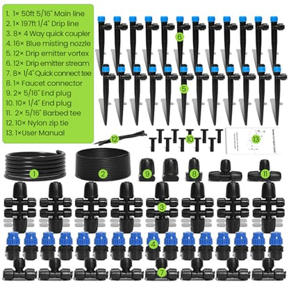 Bonviee Drip Irrigation System Kit for Garden Watering, 247FT Quick Connect - size: 247 FT - 50 FT 5/16" Tubing + 197 FT 1/4" Tubing