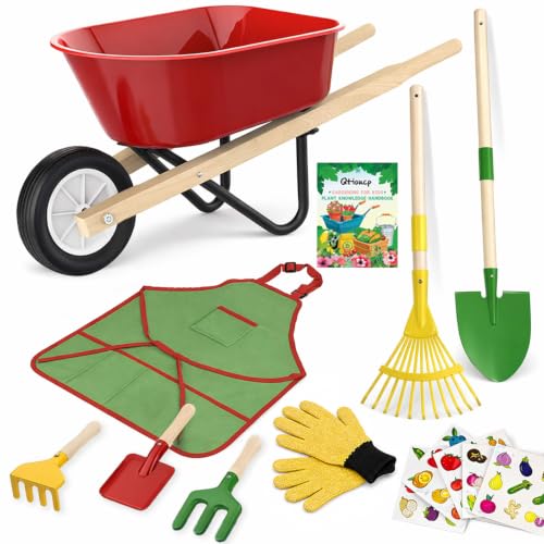 Qtioucp Kids Gardening Wheelbarrow Set, Metal & Wooden Garden Tools for Kids Ages 3-8, Real Wheelbarrows with Apron, Gloves & STEM Guide, Outdoor Backyard Garden Toy Gift - color: Red