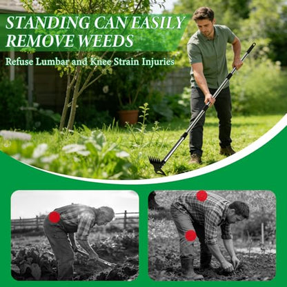 Weed Puller Tool with Long Handle – 58" Manual Weeder Remover Tool, 2-in-1 Handle Garden Hoe and Weed Rake, Hoe Garden Tool, Uprooting Weeding Tool for Yard, Lawn, Patio and Garden