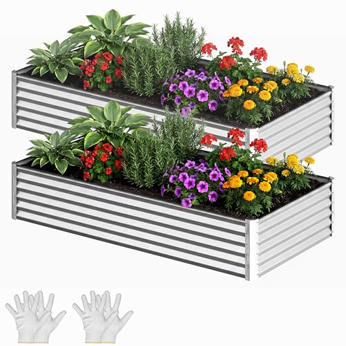 YITAHOME 2pcs 8x4x1.5ft Galvanized Raised Garden Bed, Metal Planter Box with Safety Rubber, Gloves, Outdoor Flower Bed for Planting Plants Vegetables, Silver - color: Silver, size: 8x4x1.5ft 2pcs