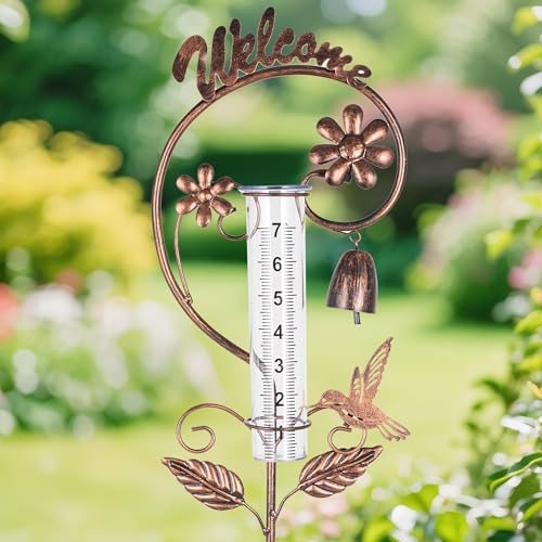 Rain Gauge Outdoor,Hummingbird Rain Gauges with Bell Design,Decorative Large Number Plastic Tube Freeze Proof Metal Rain Measure Water Gauge Welcome Sign for Garden Yard