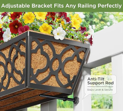 Y&M Deck Railing Planter Boxes, Adjustable Balcony Planter for Outdoor Plants, Metal Railing Planter Box for Deck, Fence and Porch, Window Boxes Outdoor, Sturdy Hanging Planter-24inch 2pcs - size: 2packs 24in-Flower