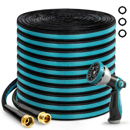 100FT Garden Hose, Kink-Free Non-Expandable Flexible Water Hose with 10-Pattern Spray Nozzle, Lightweight Leakproof Flat Hose with 3/4” Solid Brass Connector for Yard, Lawn & Outdoor Use - size: 100FT